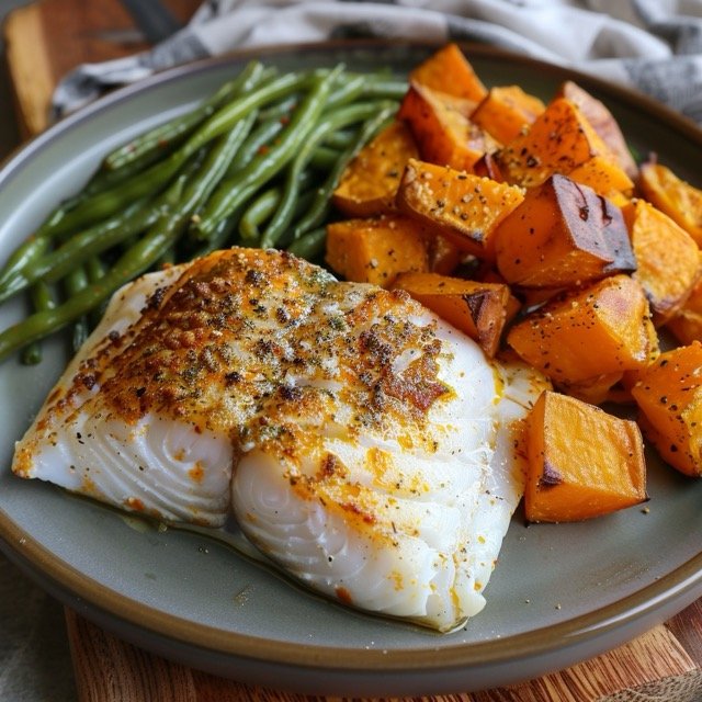 7-day meal plan for pancreatitis- Baked Cod with Sweet Potato and Green Beans