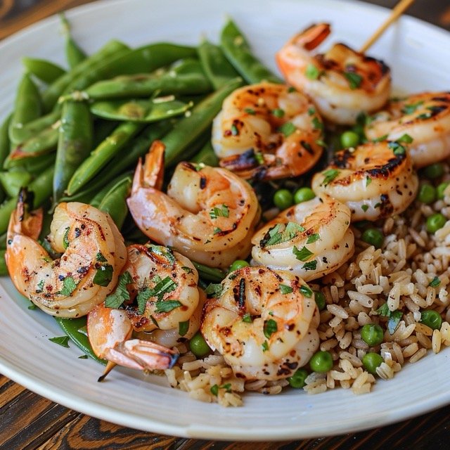 7-day meal plan for pancreatitis- Grilled Shrimp with Brown Rice and Snap Peas