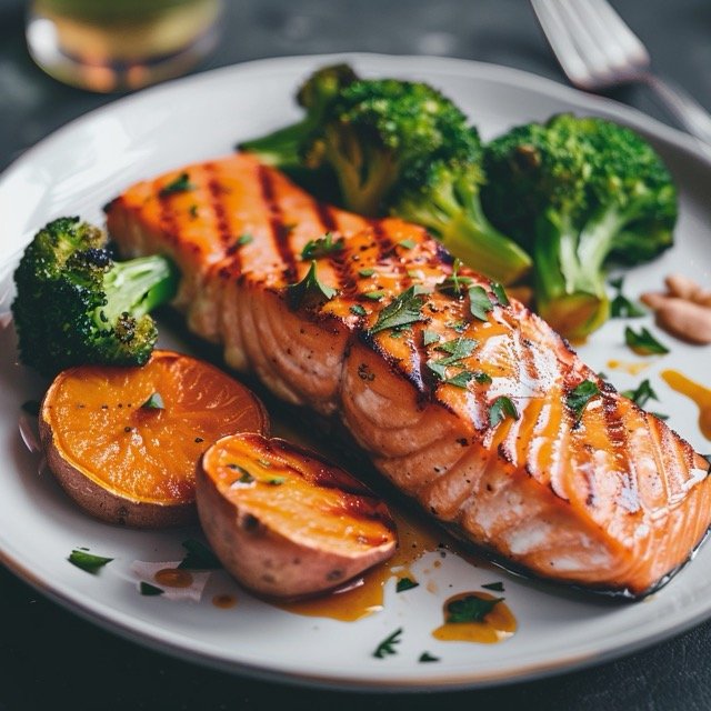 Grilled salmon fillet with steamed broccoli and baked sweet potato