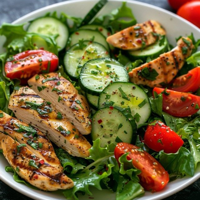 Mixed green salad with grilled chicken, tomatoes, cucumbers, and a lemon-olive oil dressing
