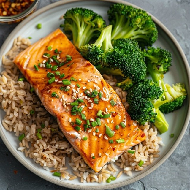 Salmon with Steamed broccoli and brown rice