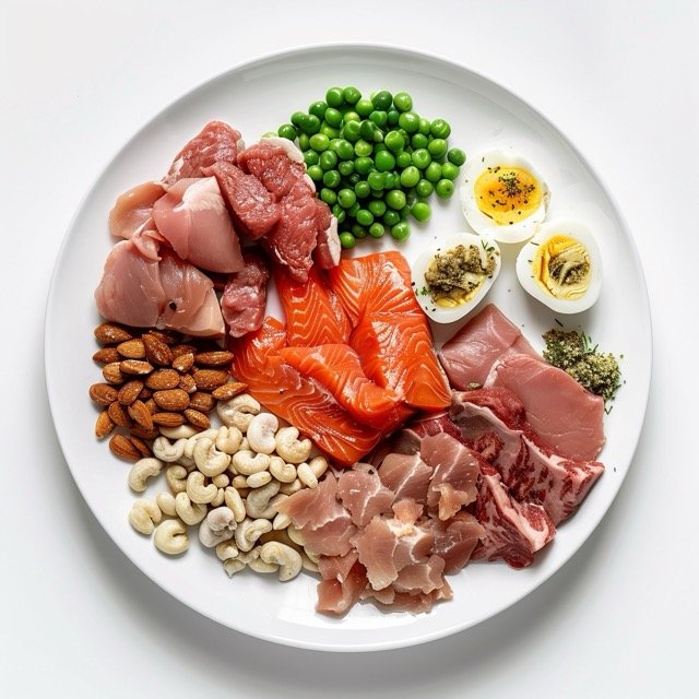a plate of food that consists of lean protein, carbs, and fats