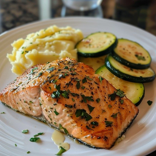 7-Day Meal Plan for Ulcerative Colitis- Baked Salmon with Mashed Potatoes and Steamed Zucchini