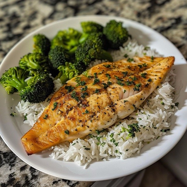 7-Day Meal Plan for Ulcerative Colitis- Baked tilapia with white rice and steamed broccoli
