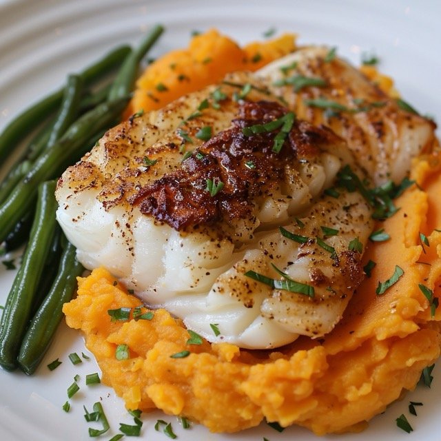 7-Day Meal Plan for Ulcerative Colitis- Grilled cod with mashed sweet potatoes and steamed green beans
