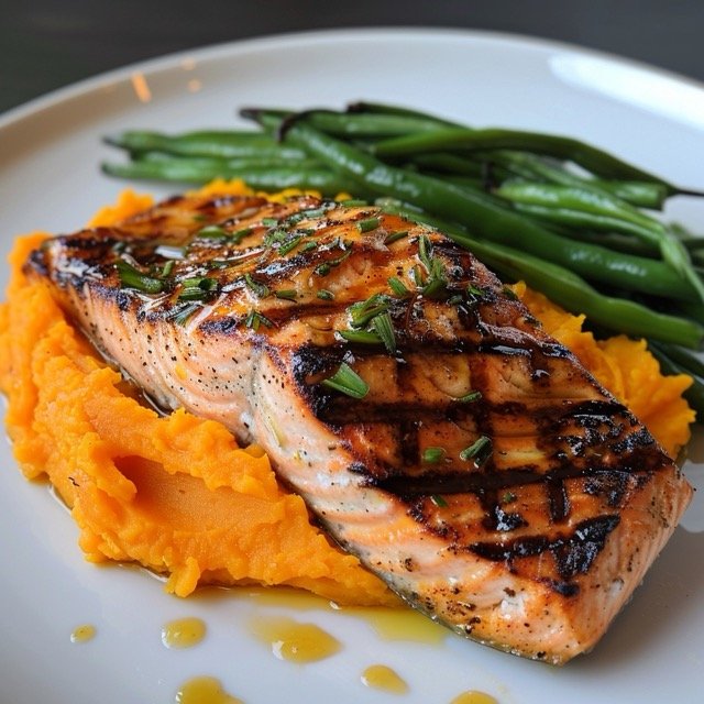 7-Day Meal Plan for Ulcerative Colitis- Grilled salmon with mashed sweet potatoes and steamed green beans