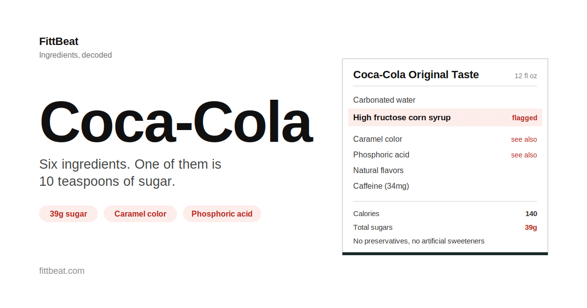 Coca-Cola ingredients label with high fructose corn syrup and caramel color flagged