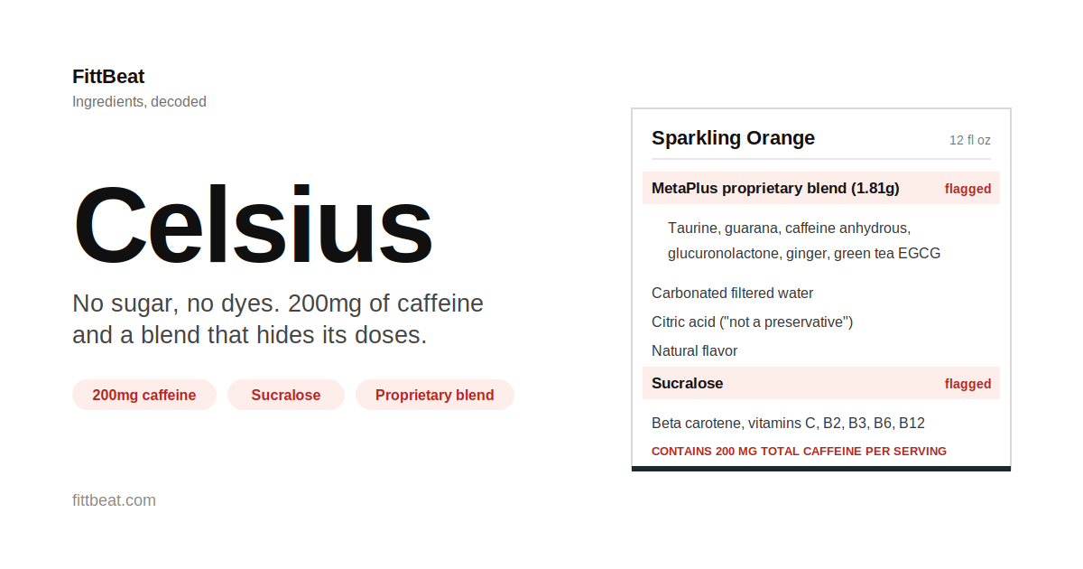 Celsius ingredients label with the MetaPlus blend and sucralose flagged