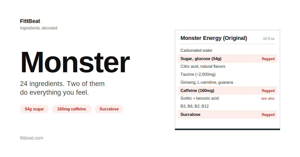 Monster Energy ingredients label with sugar and caffeine flagged