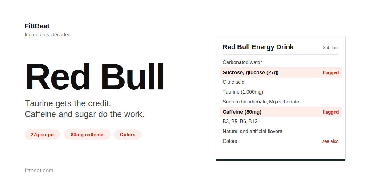 Red Bull ingredients label with sugar, caffeine, and colors flagged