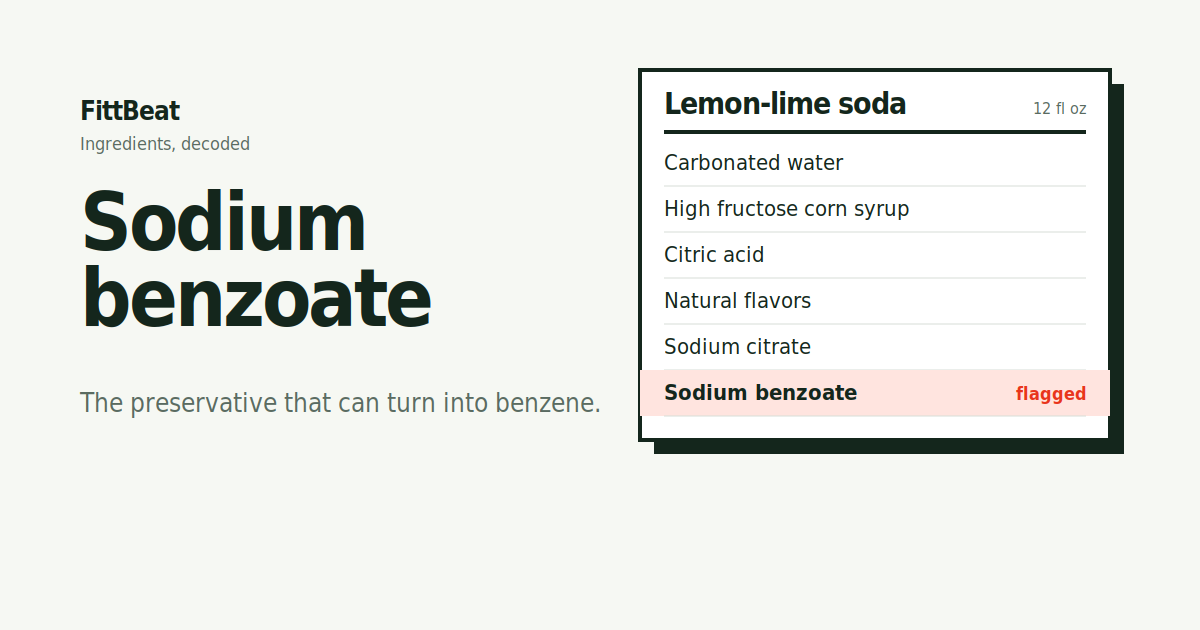 Lemon-lime soda ingredient label with sodium benzoate preservative highlighted as a flagged ingredient