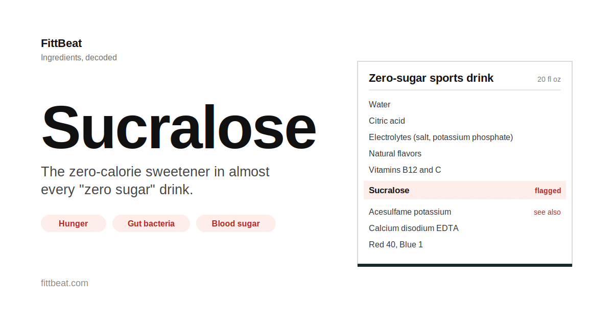 Sucralose ingredient card listing drinks that contain it, including Powerade Zero and Prime